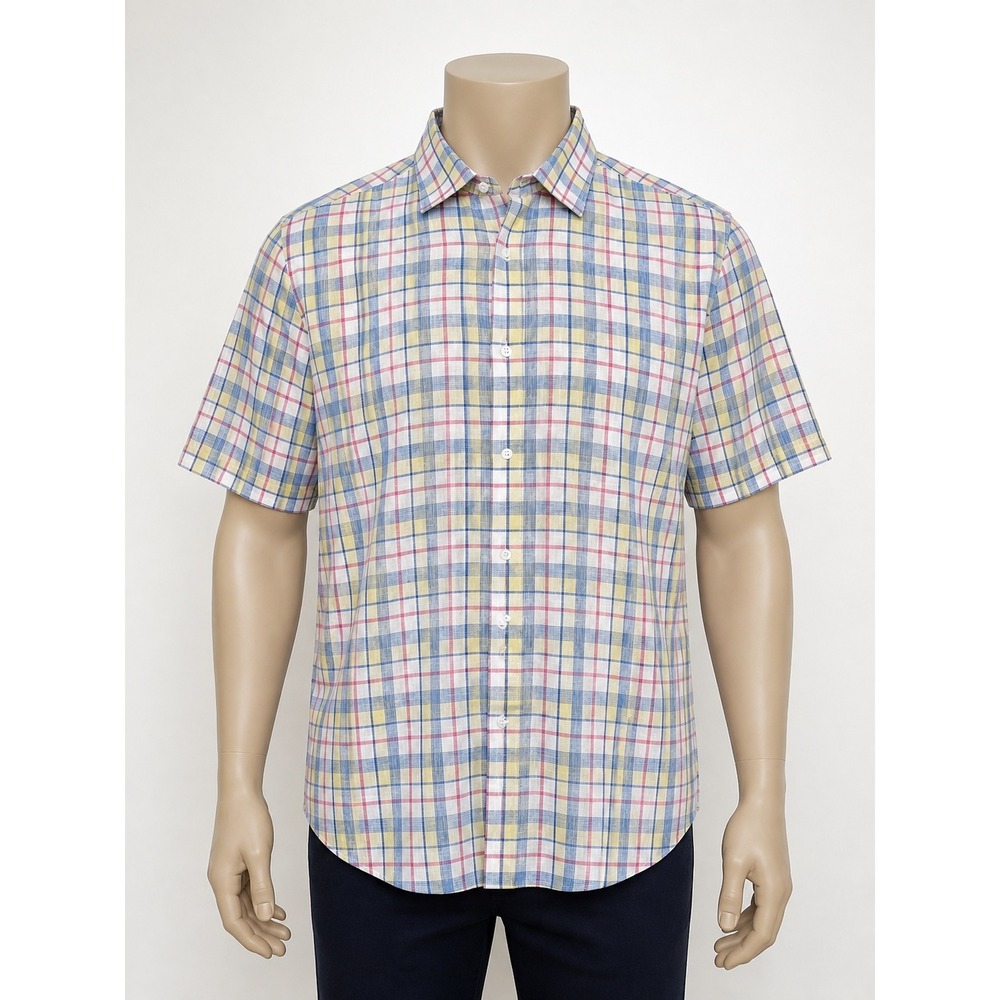 Charleston Threads Mens Large Linen Cotton Plaid Short Sleeve Button Down Shirt
